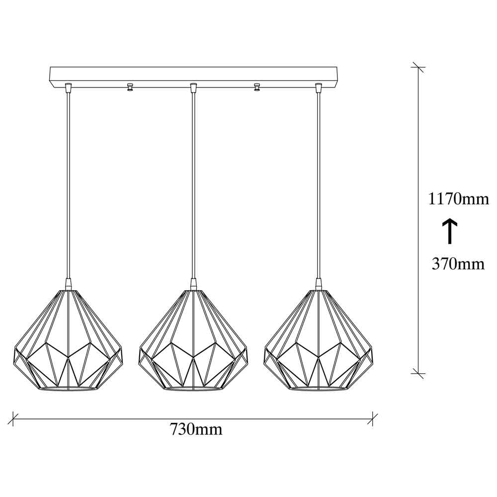 Diamond 3 Light Metal Ceiling Pendant Light in Black
