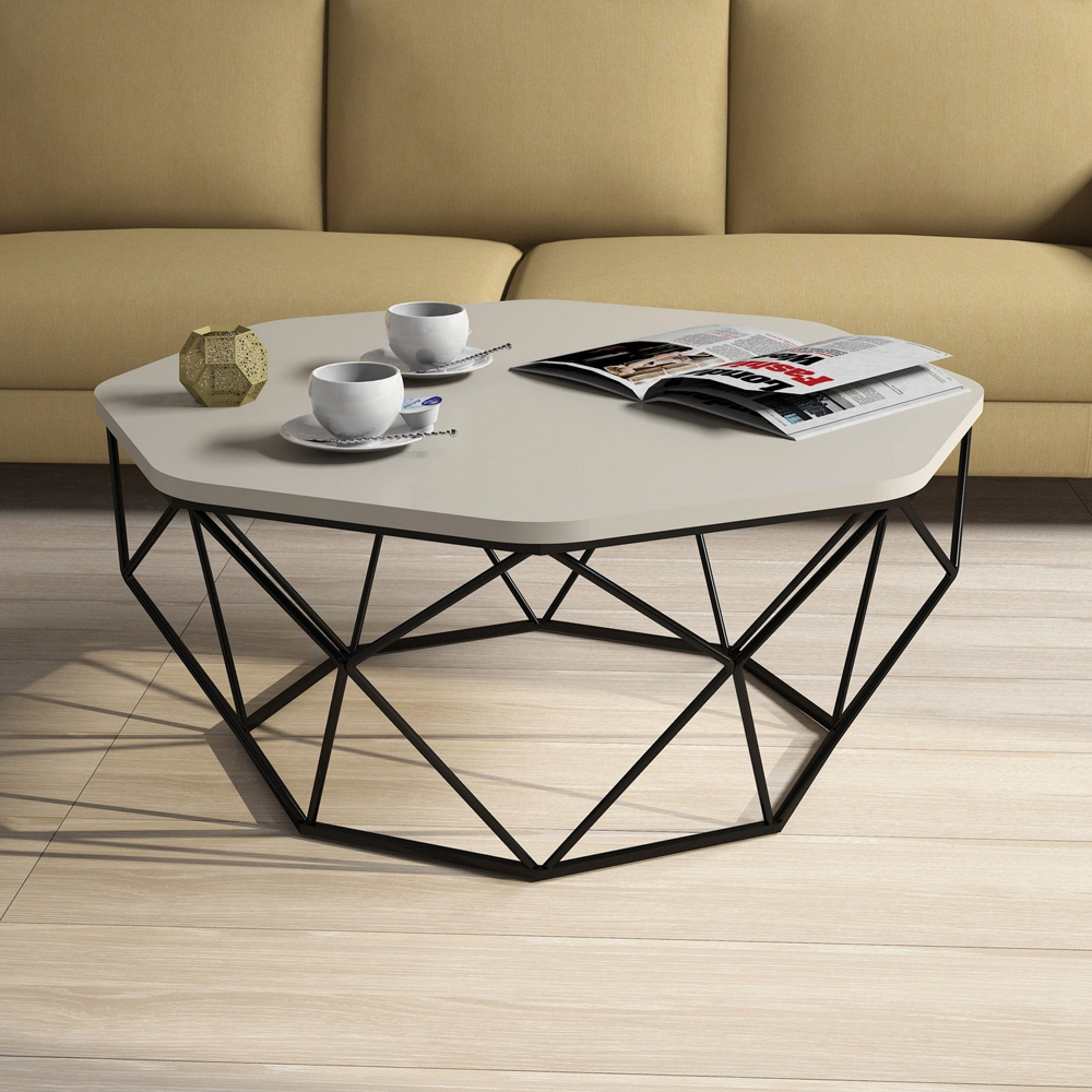 Diamond Cream Wooden Coffee Table with Black Metal Base