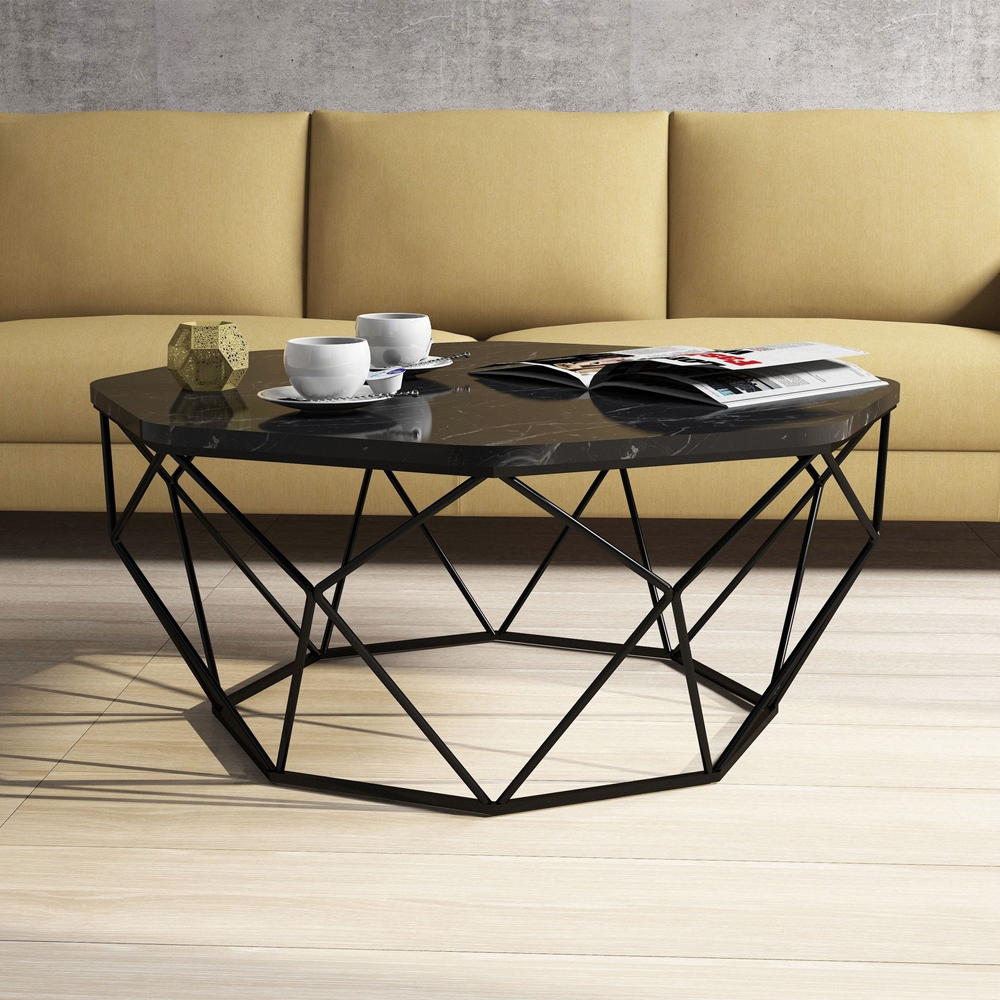 Diamond Black Marble Effect Coffee Table with Metal Base