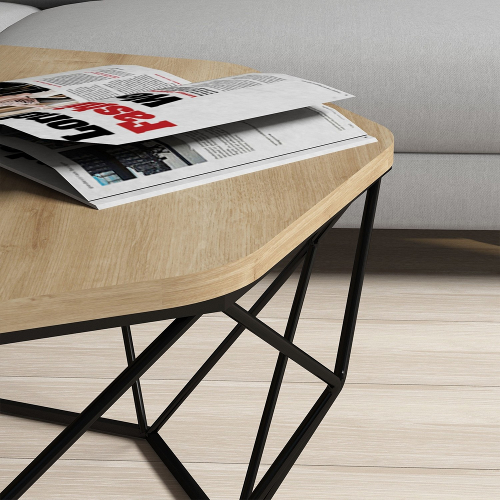 Diamond Oak Wooden Coffee Table with Black Metal Base