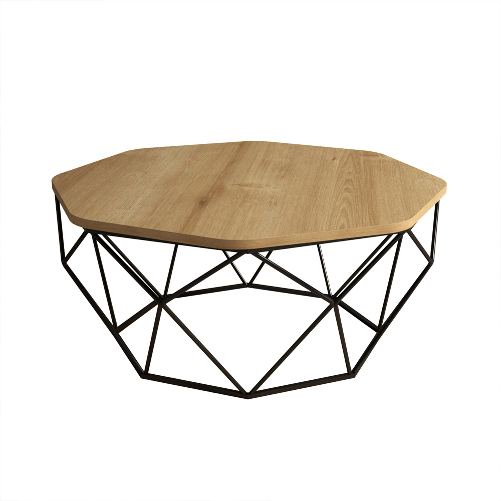 Diamond Oak Wooden Coffee Table with Black Metal Base