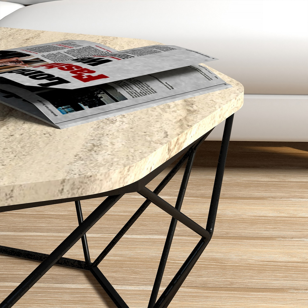 Diamond Travertine Marble Effect Coffee Table with Black Metal Base