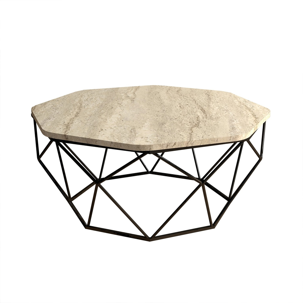 Diamond Travertine Marble Effect Coffee Table with Black Metal Base