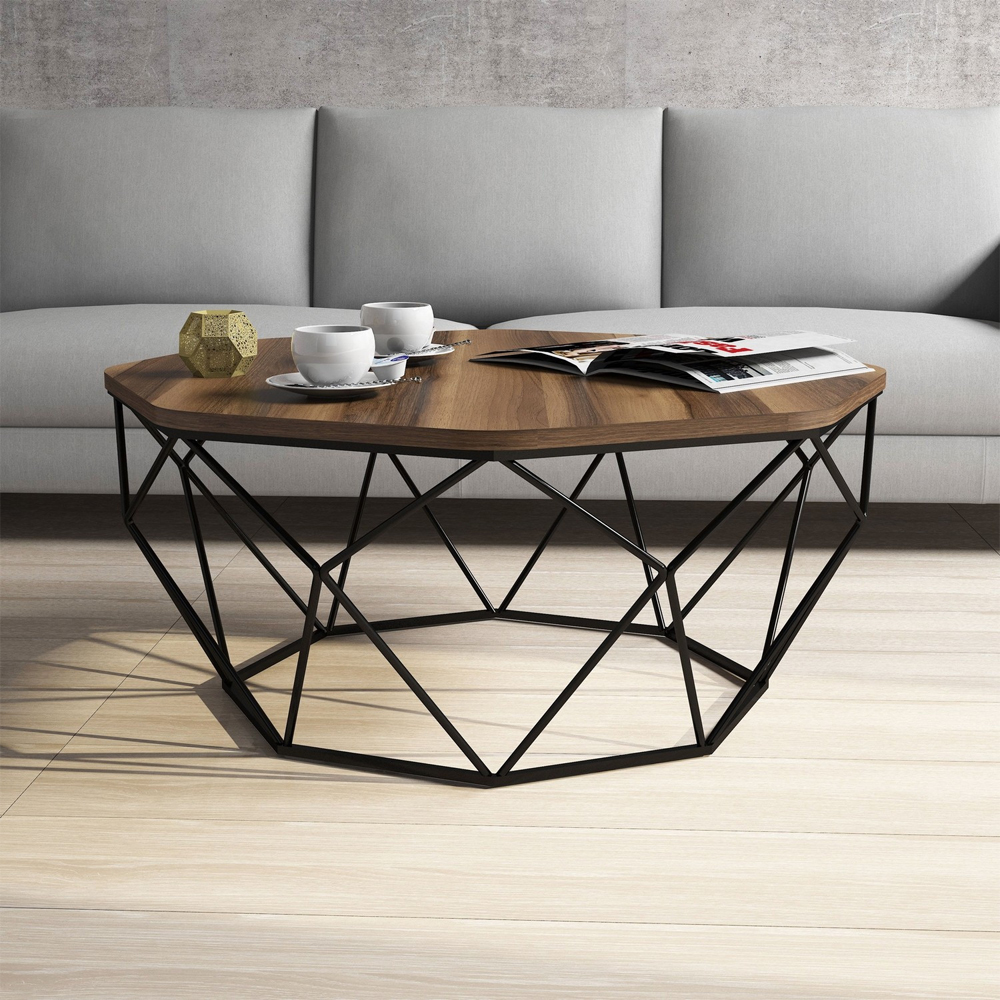 Diamond Walnut Wooden Coffee Table with Black Metal Base