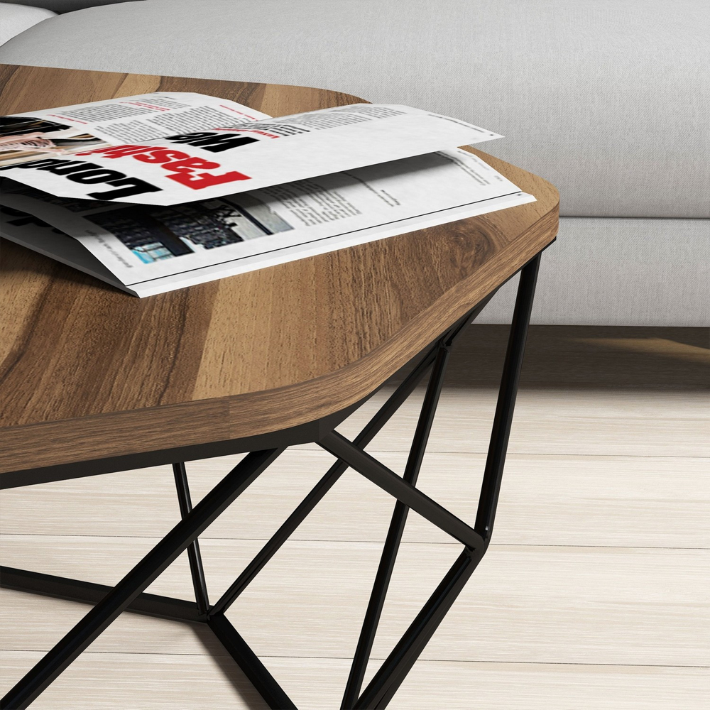 Diamond Walnut Wooden Coffee Table with Black Metal Base
