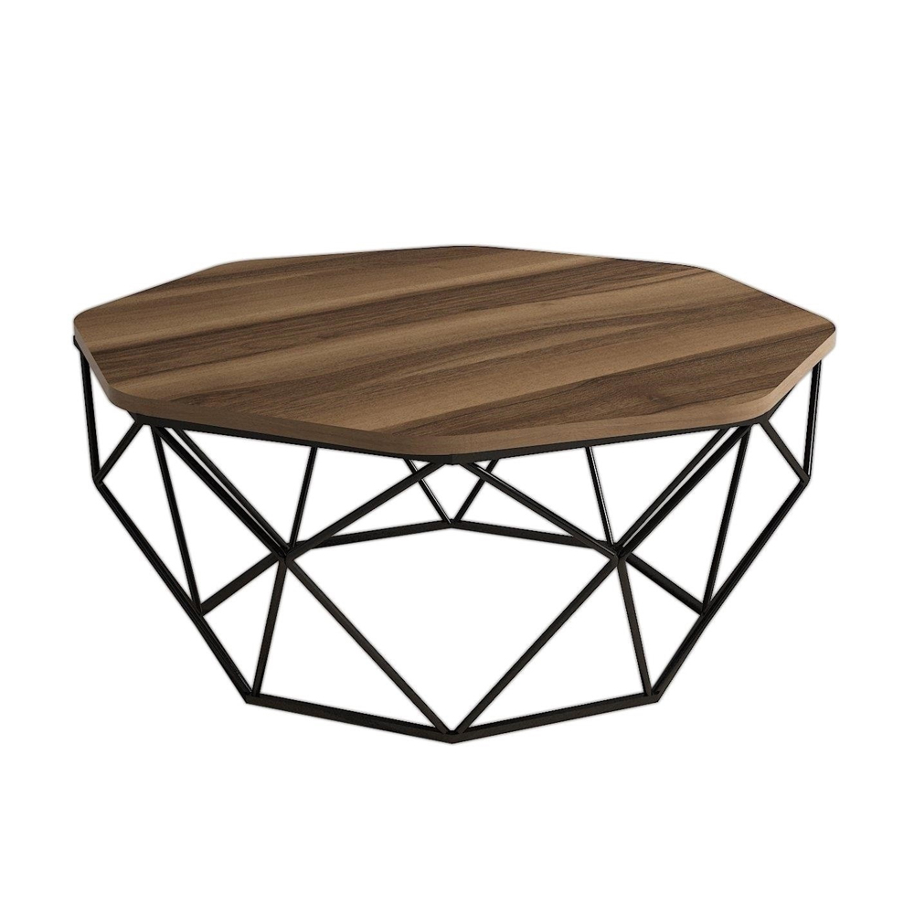 Diamond Walnut Wooden Coffee Table with Black Metal Base