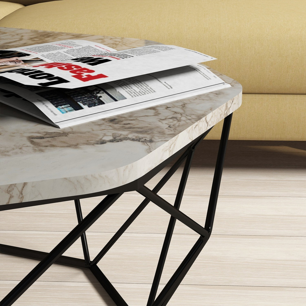 Diamond White Marble Effect Coffee Table with Black Metal Base