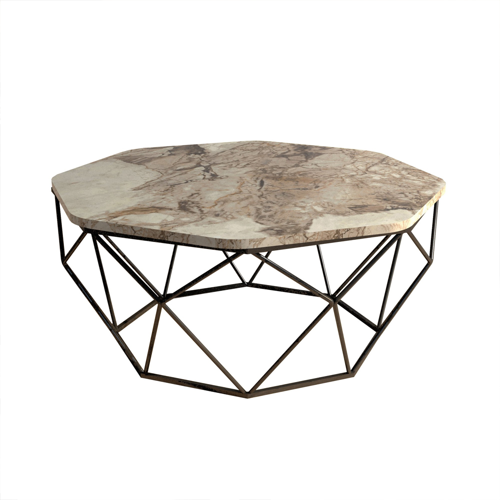 Diamond White Marble Effect Coffee Table with Black Metal Base