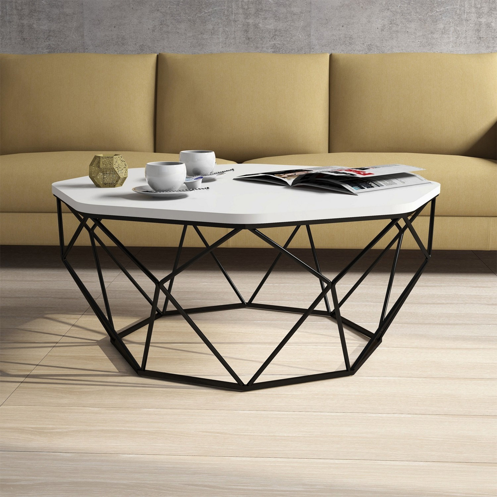 Diamond White Wooden Coffee Table with Black Metal Base