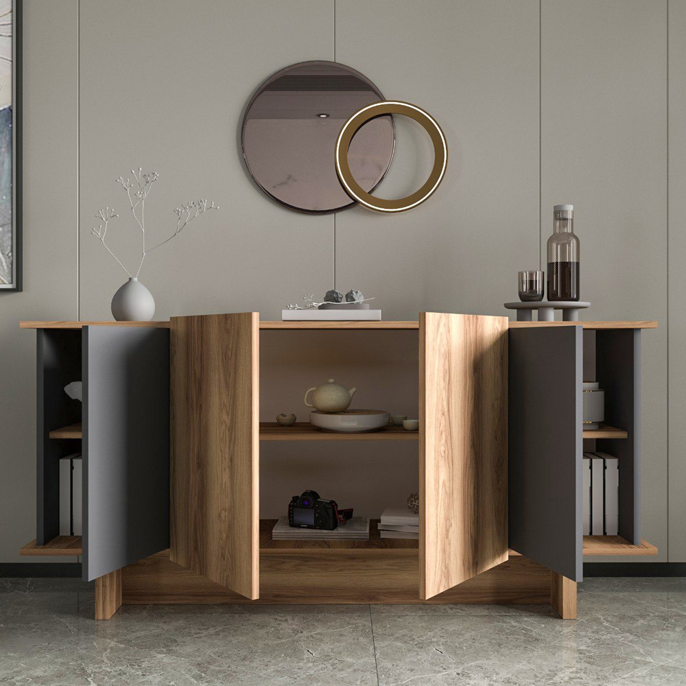 Diana Wooden Sideboard with 4 Doors in Anthracite and Walnut