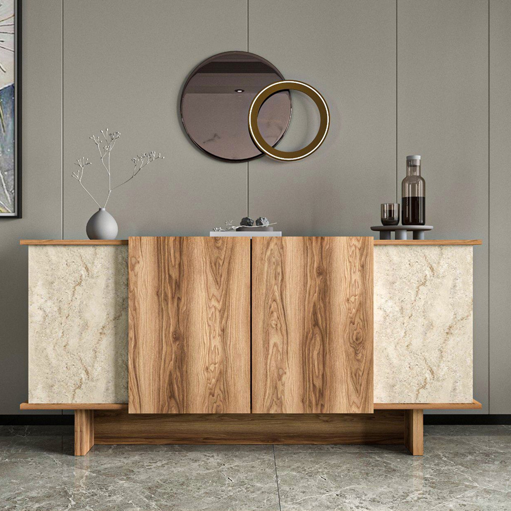 Diana Wooden Sideboard with 4 Doors in Walnut and Travertine Marble Effect