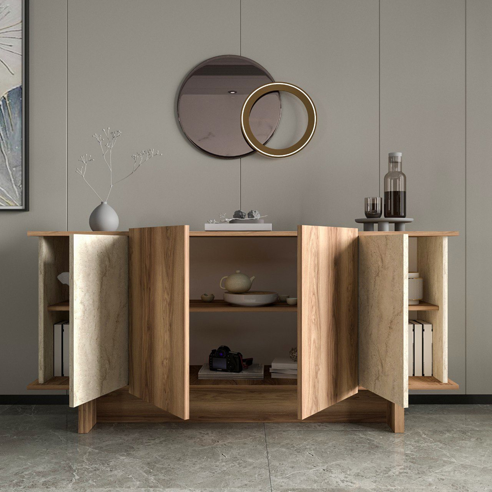 Diana Wooden Sideboard with 4 Doors in Walnut and Travertine Marble Effect
