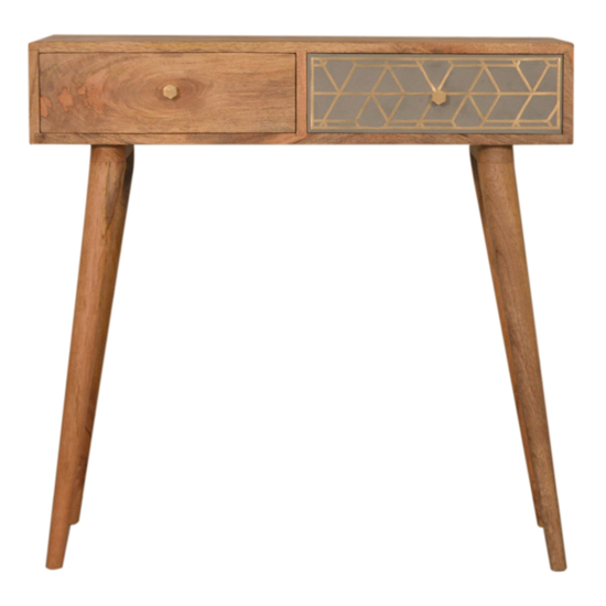 Dice Wooden Console Table In Oak Ish And Brass Cement Inlay_2