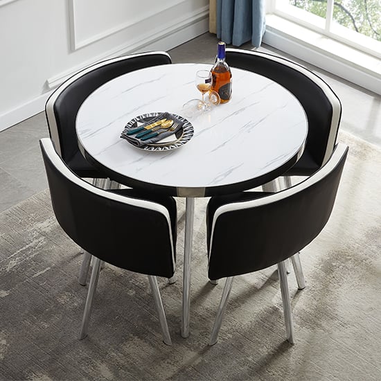 Product photograph of Diego Round Gloss Marble Effect Dining Table Set In Vida from Furniture in Fashion