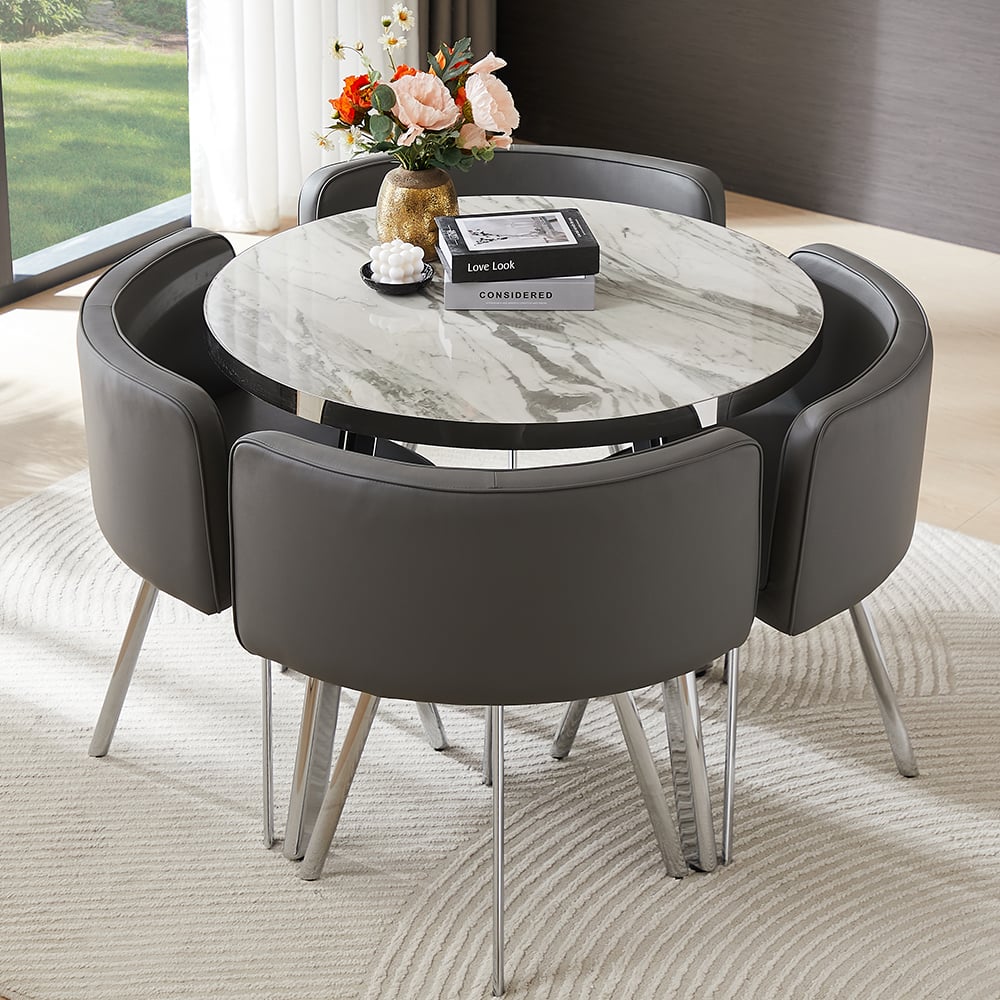 Diego Filo Marble Effect Gloss Dining Table With 4 Grey Chairs