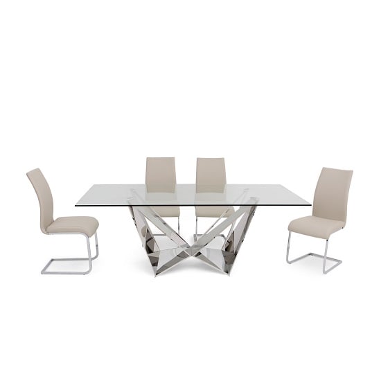 View Diego glass dining table in clear with 6 eden cream pu chairs