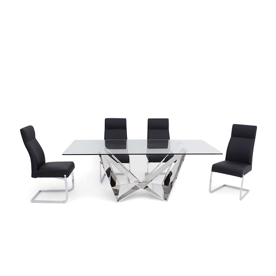 View Feering clear glass dining table with 6 darwen black chairs