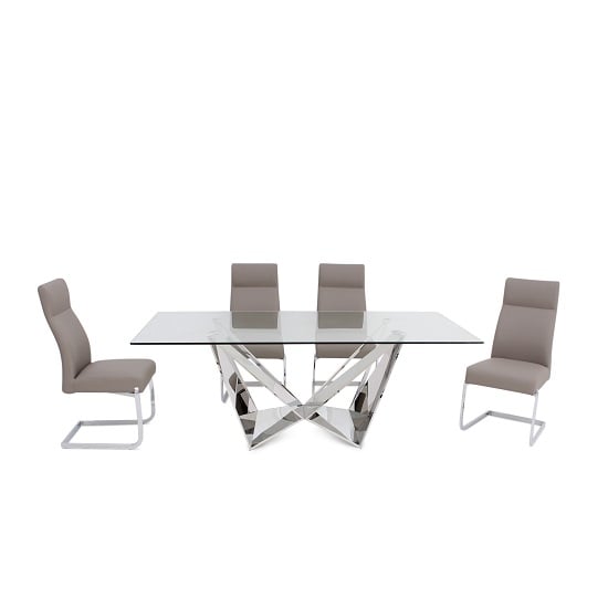 Photo of Feering clear glass dining table with 6 darwen taupe chairs