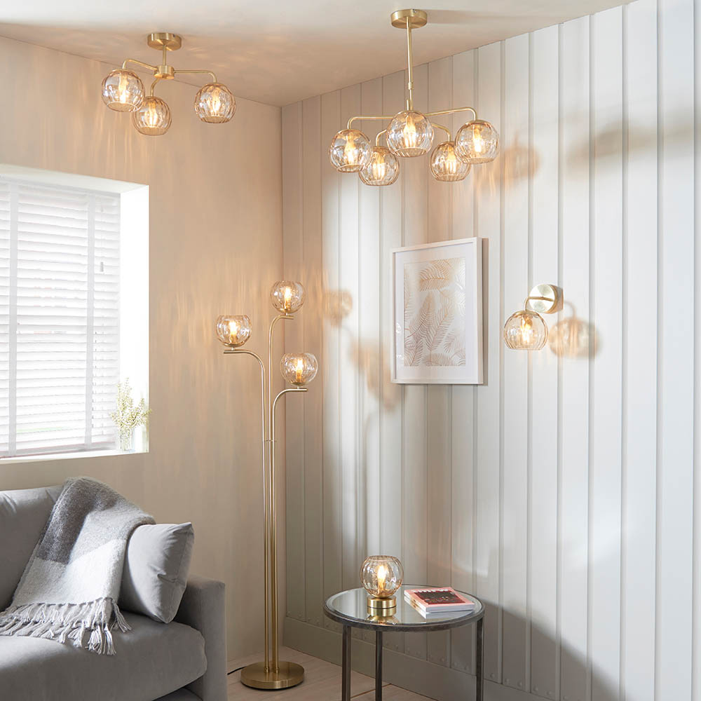Dimple 3 Light Champagne Glass Shade Floor Lamp In Brass