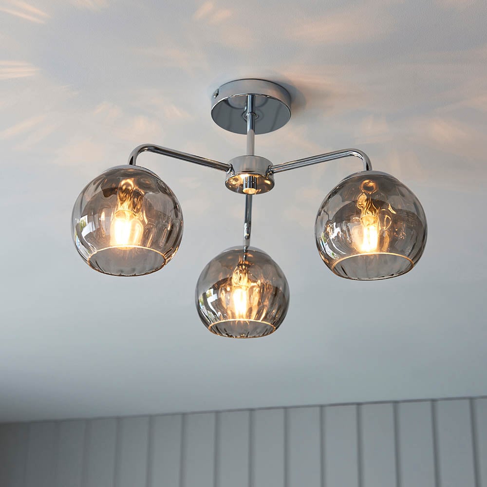 Read more about Dimple 3 light smokey glass shade semi flush light in chrome