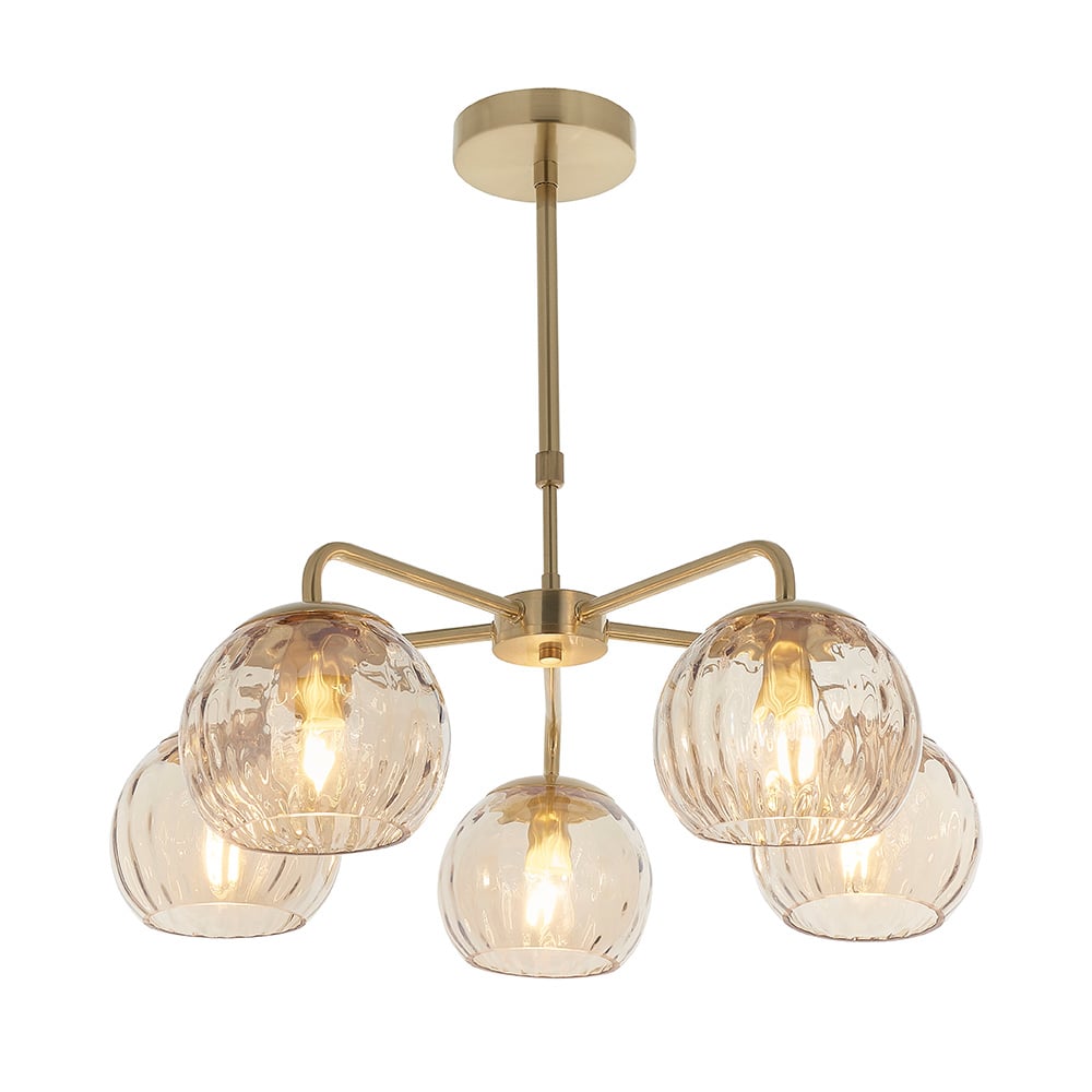 Dimple 5 Light Champagne Glass Shade Semi Flush Light In Brass