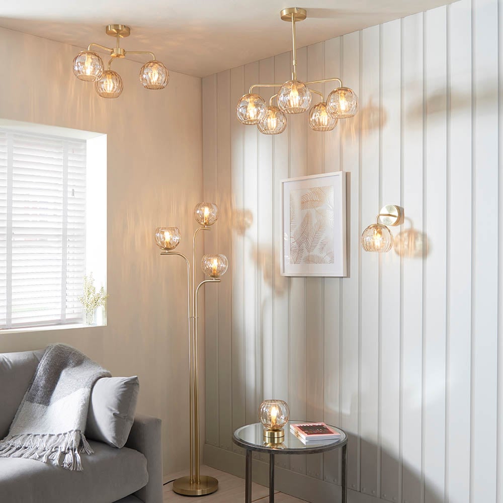 Dimple 5 Light Champagne Glass Shade Semi Flush Light In Brass