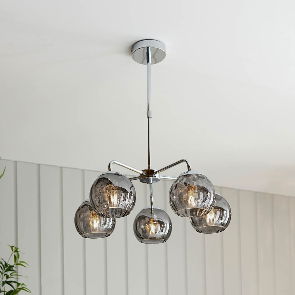 Read more about Dimple 5 light smokey glass shade semi flush light in chrome