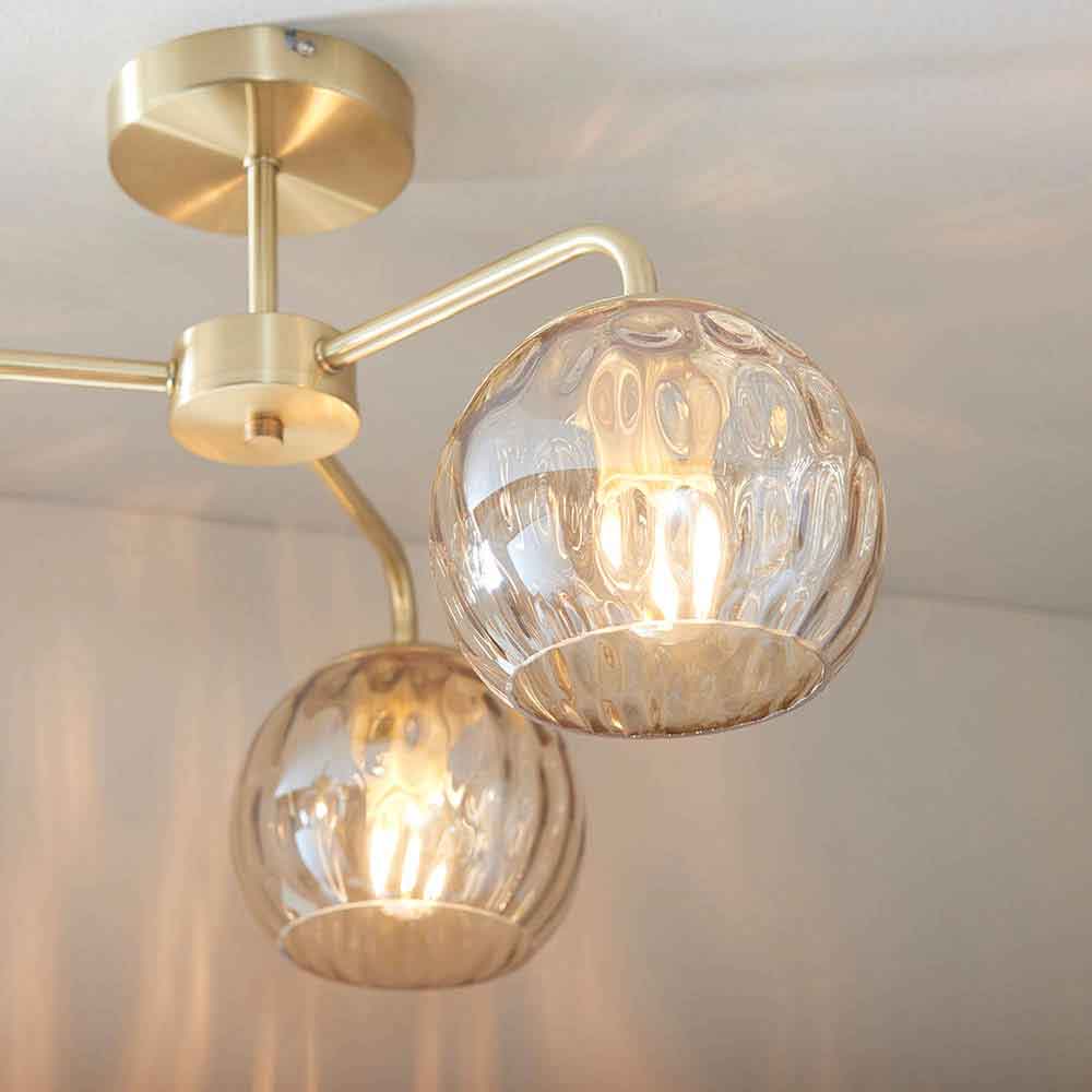 Dimpley 3 Champagne Glass Shade Semi Flush Ceiling Light In Brass