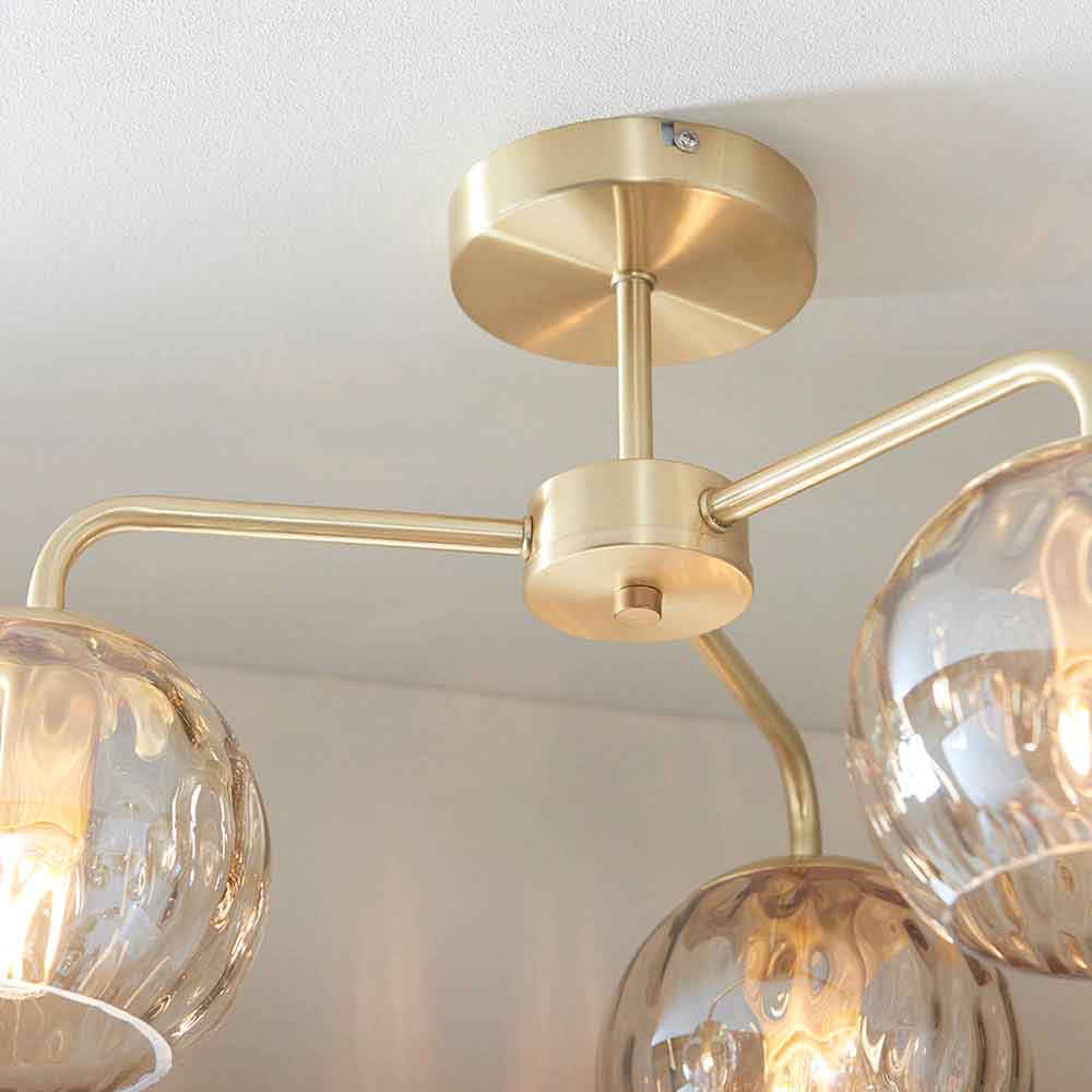 Dimpley 3 Champagne Glass Shade Semi Flush Ceiling Light In Brass