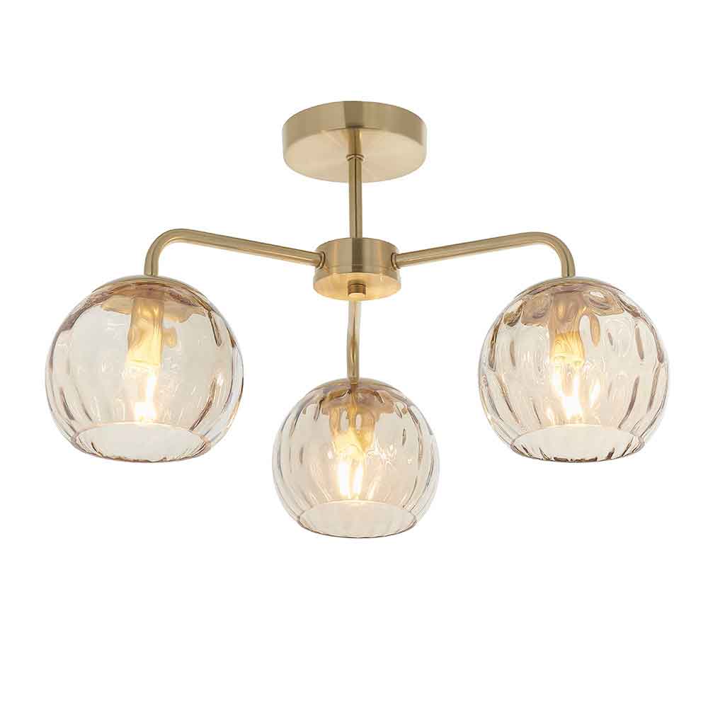 Dimpley 3 Champagne Glass Shade Semi Flush Ceiling Light In Brass