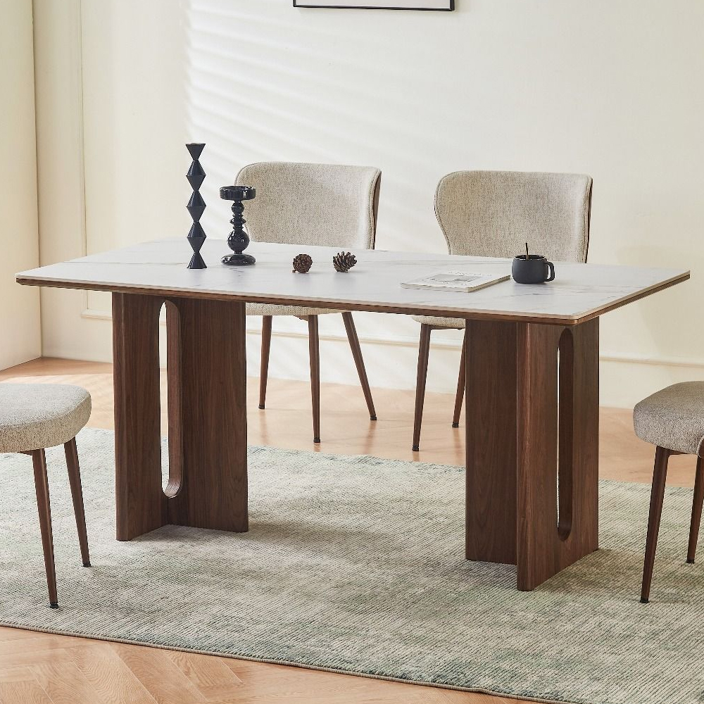 Dintaro White Sintered Stone Top Dining Table with Walnut Base