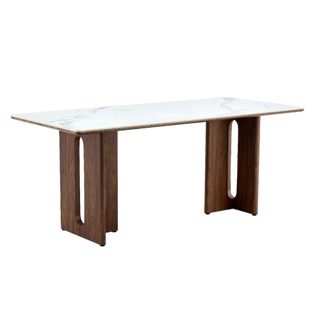 Dintaro White Sintered Stone Top Dining Table with Walnut Base