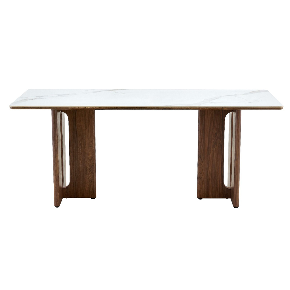Dintaro White Sintered Stone Top Dining Table with Walnut Base