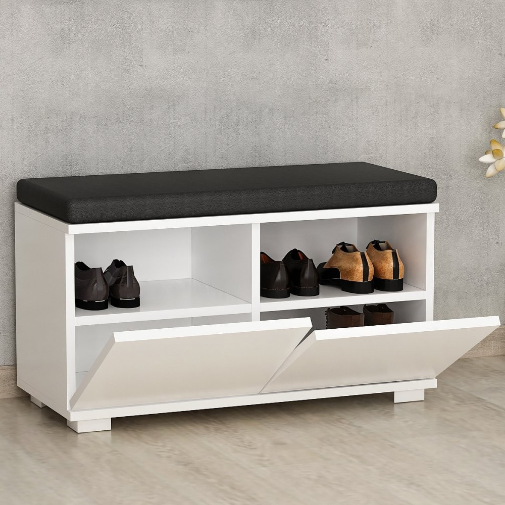 Dioran Wooden Shoe Storage Bench With 2 Flap Doors In White