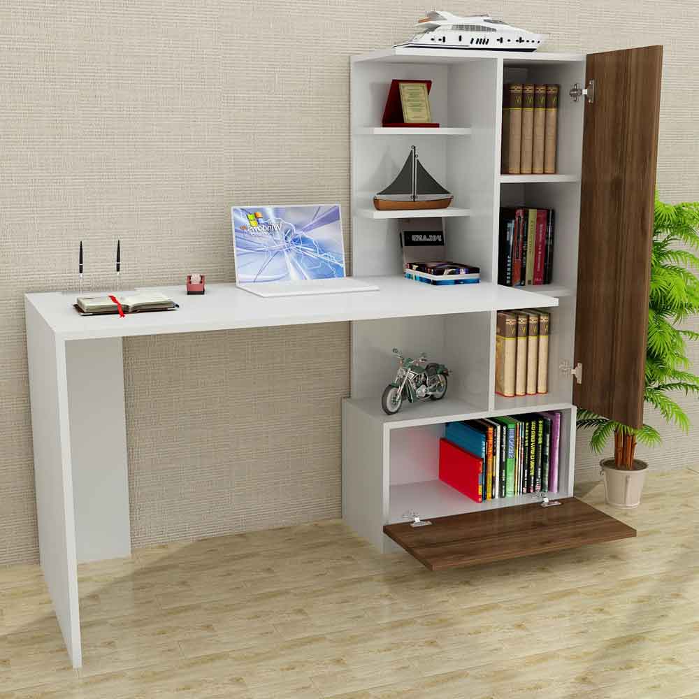 Dioren Left Handed Wooden Laptop Desk With 2 Doors In White And Walnut