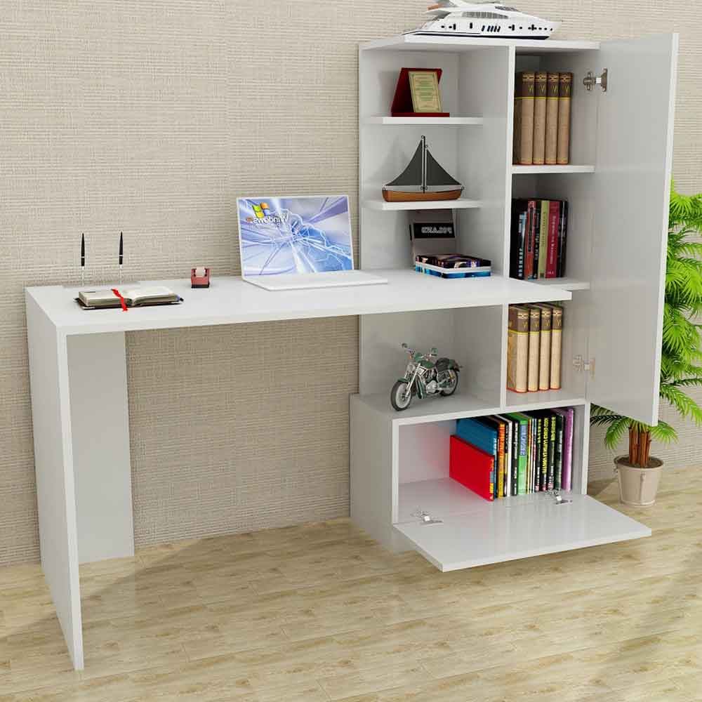 Dioren Left Handed Wooden Laptop Desk with 2 Doors in White