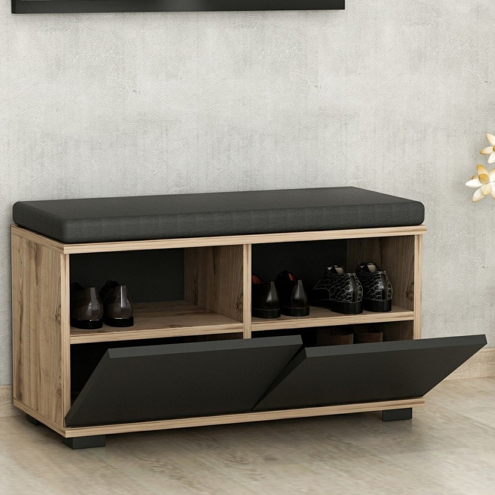 Diorno Wooden Shoe Storage Bench With 2 Flap Doors In Walnut And Black