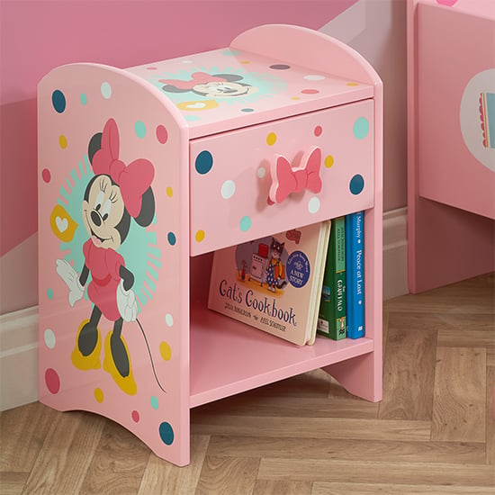 Product photograph of Disney Minnie Mouse Childrens Wooden Bedside Table In Pink from Furniture in Fashion