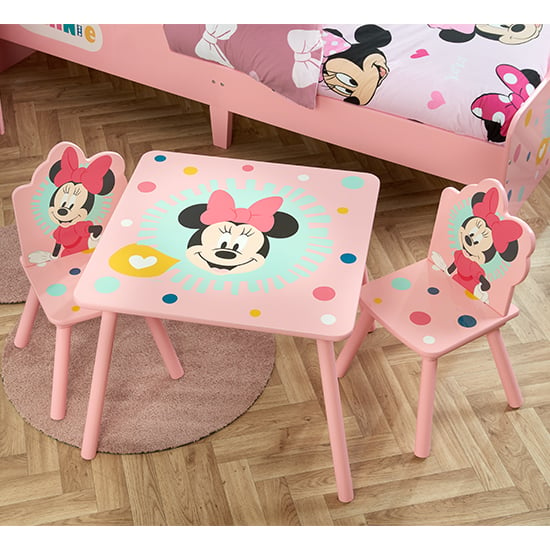 Disney Minnie Mouse Childrens Wooden Table And 2 Chairs In Pink