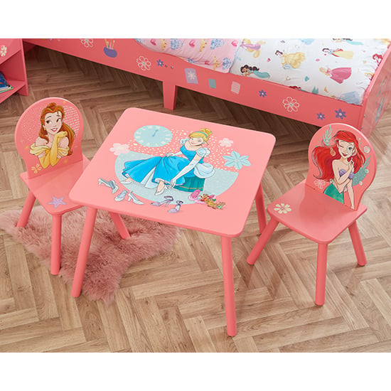 Read more about Disney princess childrens wooden table and 2 chairs in pink