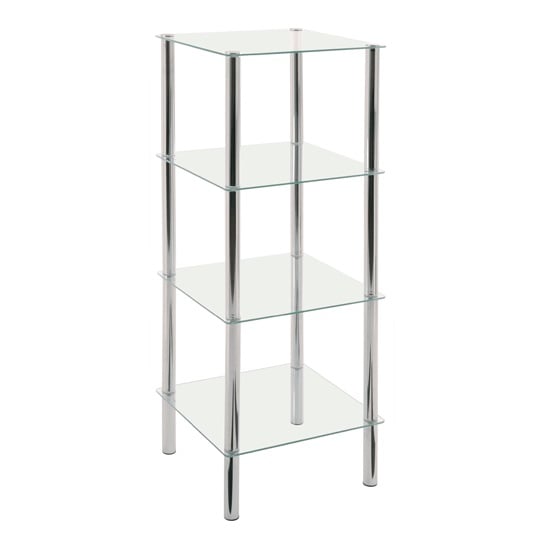 Photo of 4 tier glass display unit in clear with chrome supports