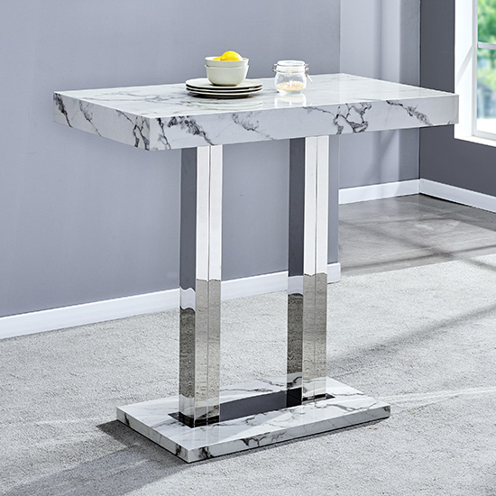 Caprice Diva Marble Effect Gloss Bar Table 4 Ripple White Stools