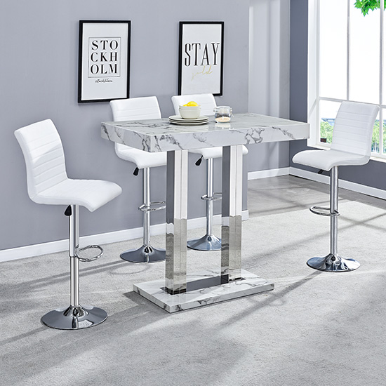 Photo of Diva marble effect high gloss bar table 4 ripple white stools