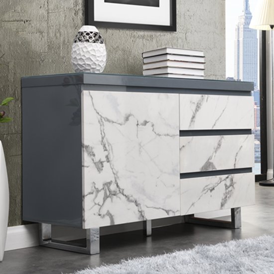 Diva Marble Effect Gloss Sideboard And 1 Door 3 Drawer In Grey