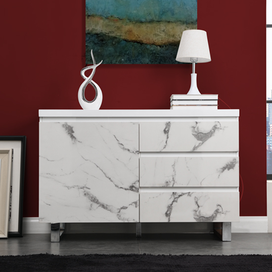 Diva Marble Effect Gloss Sideboard And 1 Door 3 Drawer In White_2