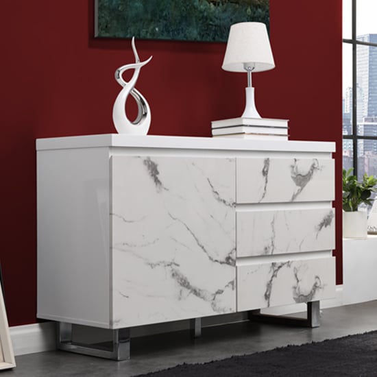 Diva Marble Effect Gloss Sideboard And 1 Door 3 Drawer In White_1