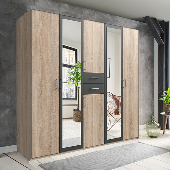 Read more about Diver mirrored wooden wardrobe in oak and graphite