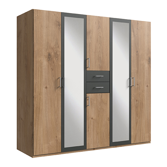 Diver Mirrored Wooden Wardrobe In Planked Oak And Graphite
