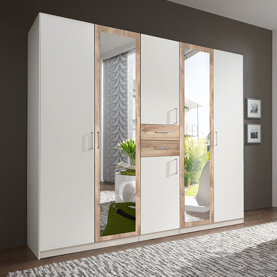 Read more about Diver mirrored wooden wardrobe in white and planked oak