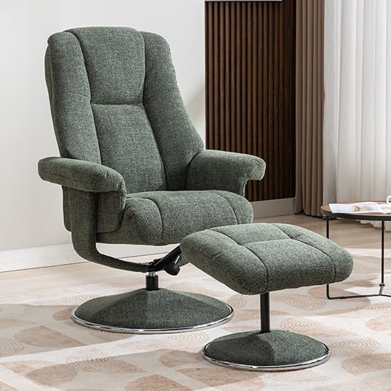 Dollis Fabric Swivel Recliner Chair And Stool In Chacha Fern